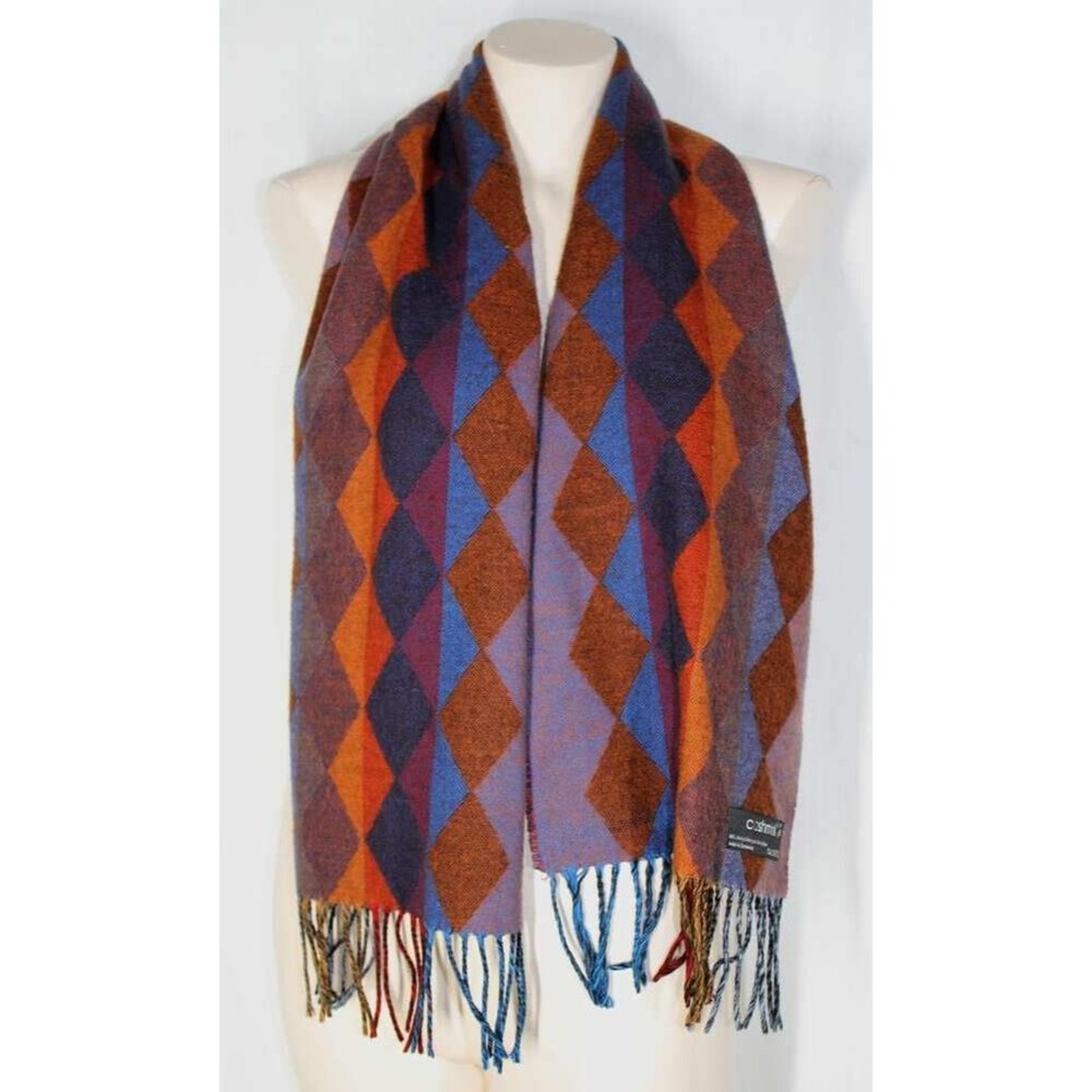 Cashmink Soft Jewel Tone Argyle Fringed Scarf Made in Germany